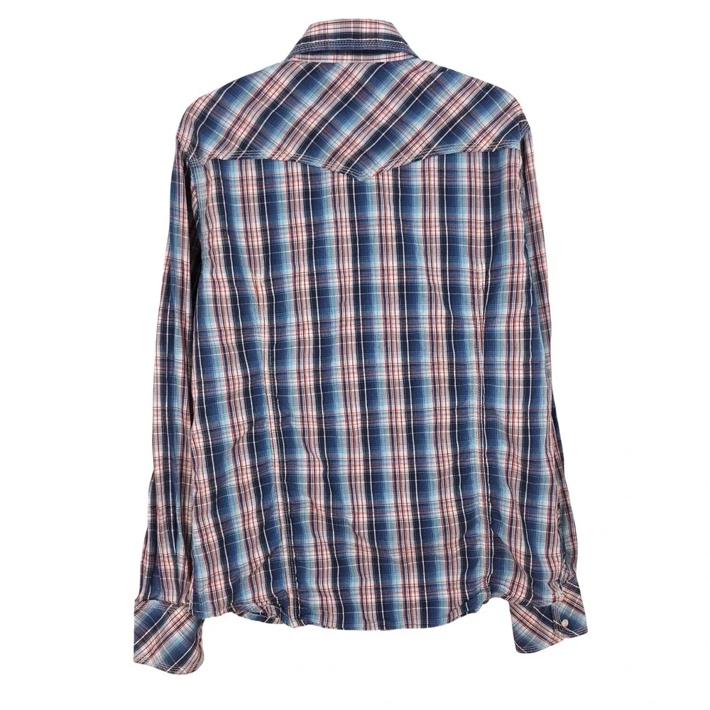 True Religion Long Sleeve Pearl Snap Shirt Mens Large Western Plaid Cowboy